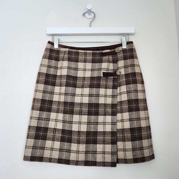 GAP Dresses & Skirts - Vintage Y2K GAP Wool Brown Plaid High Waist Mini Wrap Skirt Preppy Academia 4